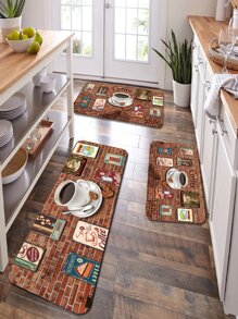 1pc Coffee & Brick Pattern Kitchen Rug, Modern Polyester Kitchen Rug For Kitchen - Multicolor - View 1