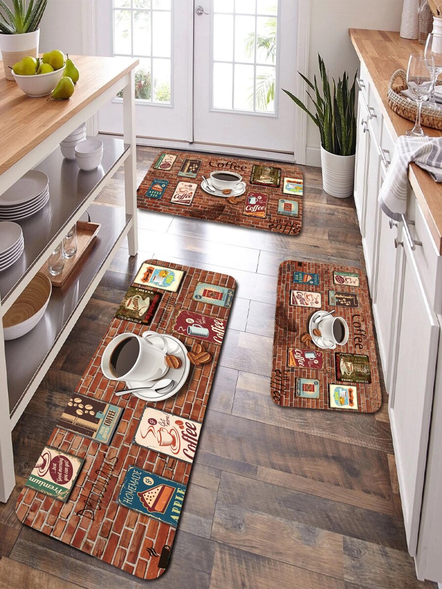 1pc Coffee & Brick Pattern Kitchen Rug, Modern Polyester Kitchen Rug For Kitchen - Multicolor - View 1