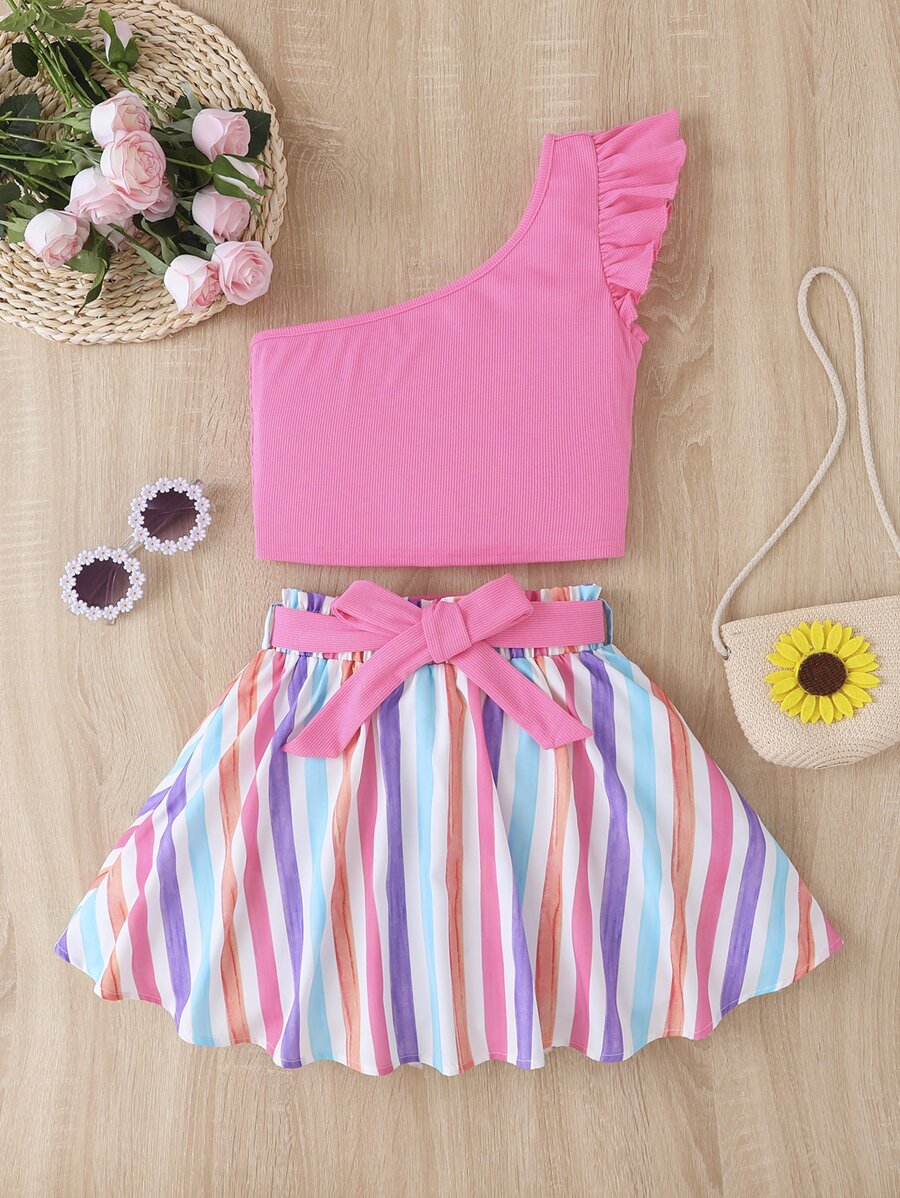 SHEIN Teen Girls One Shoulder Ruffle Trim Top & Striped Belted Skirt - Pink - View 1
