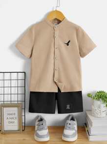 SHEIN Leap Crew Toddler Boys Eagle Print Shirt & Letter Patched Shorts - Khaki - View 1