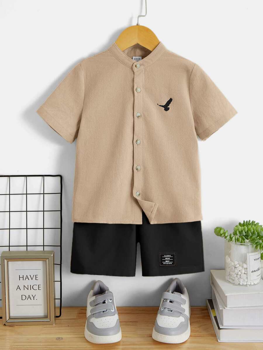 SHEIN Leap Crew Toddler Boys Eagle Print Shirt & Letter Patched Shorts - Khaki - View 1