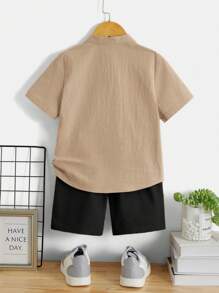 SHEIN Leap Crew Toddler Boys Eagle Print Shirt & Letter Patched Shorts - Khaki - View 2