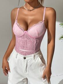 SHEIN Unity Contrast Lace Bustier Cami Bodysuit - Pink - View 3
