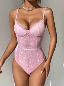 SHEIN Unity Contrast Lace Bustier Cami Bodysuit - Pink - View 4