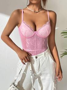 SHEIN Unity Contrast Lace Bustier Cami Bodysuit - Pink - View 6