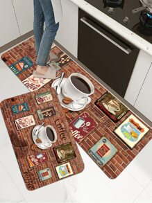 1pc Coffee & Brick Pattern Kitchen Rug, Modern Polyester Kitchen Rug For Kitchen - Multicolor - View 6