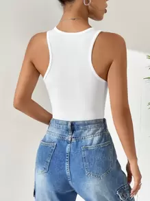 SHEIN EZwear Áo liền quần ôm nữ Gân đan màu trơn Giải trí - trắng - Xem 2
