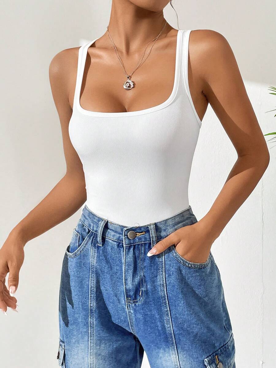 SHEIN EZwear Áo liền quần ôm nữ Gân đan màu trơn Giải trí - trắng - Xem 1