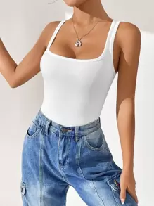 SHEIN EZwear Áo liền quần ôm nữ Gân đan màu trơn Giải trí - trắng - Xem 4