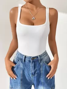 SHEIN EZwear Áo liền quần ôm nữ Gân đan màu trơn Giải trí - trắng - Xem 6