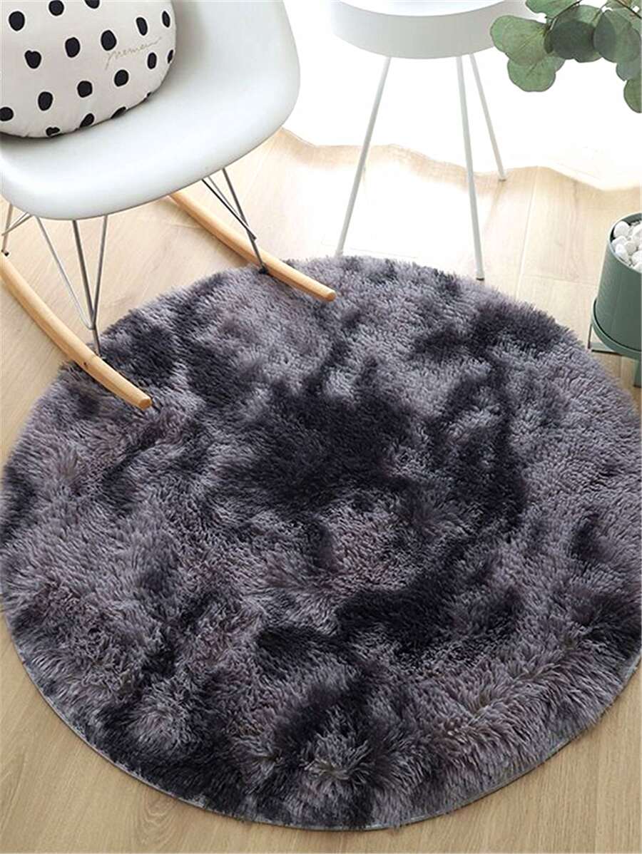 1pc Deep Grey Tie-dye Plush Round Carpet Made Of Pv Plush For Living Room, Thickened Nordic Bedroom Bay Window Rug With No Falling Hair, Suitable For Kindergarten, Children's Room, Girls' Room Home Decoration - Dark Grey - View 1
