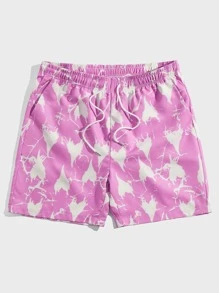 ROMWE MEN Guys Allover Heart Print Drawstring Waist Shorts - Pink - View 1