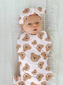 Newborn Photography Bear Print Wrap Blanket & Accessory Hat - White - View 1