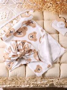 Newborn Photography Bear Print Wrap Blanket & Accessory Hat - White - View 2