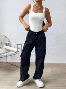 SHEIN EZwear Solid Square Neck Tank Bodysuit - White - View 3