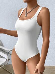 SHEIN EZwear Solid Square Neck Tank Bodysuit - White - View 6