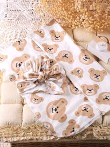 Newborn Photography Bear Print Wrap Blanket & Accessory Hat - White - View 7