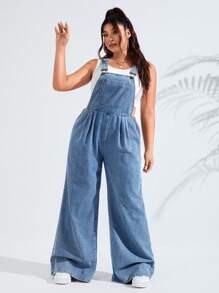 SHEIN EZwear 大碼補丁貼口袋闊腿牛仔背帶褲不附帶背心 - 淺色水洗藍 - 查看 1
