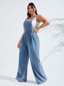 SHEIN EZwear 大碼補丁貼口袋闊腿牛仔背帶褲不附帶背心 - 淺色水洗藍 - 查看 3