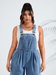SHEIN EZwear 大碼補丁貼口袋闊腿牛仔背帶褲不附帶背心 - 淺色水洗藍 - 查看 4