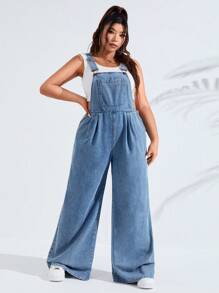 SHEIN EZwear 大碼補丁貼口袋闊腿牛仔背帶褲不附帶背心 - 淺色水洗藍 - 查看 5
