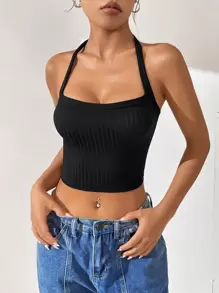 SHEIN EZwear 素色繞頸短上衣