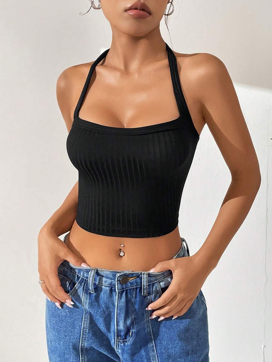 SHEIN EZwear 素色繞頸短上衣