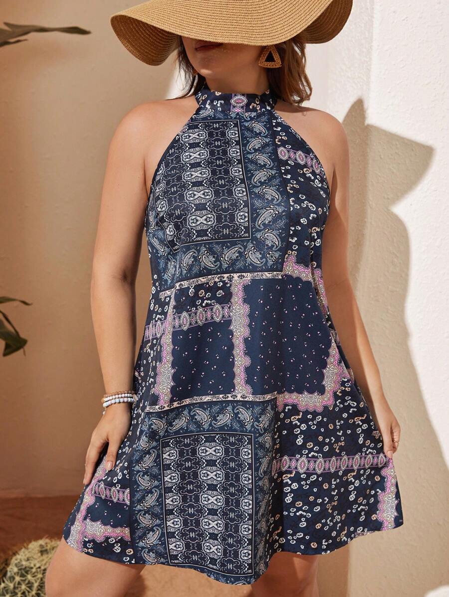 SHEIN VCAY 大碼佩斯利印花繞頸連衣裙 - 藏蓝色 - 查看 1