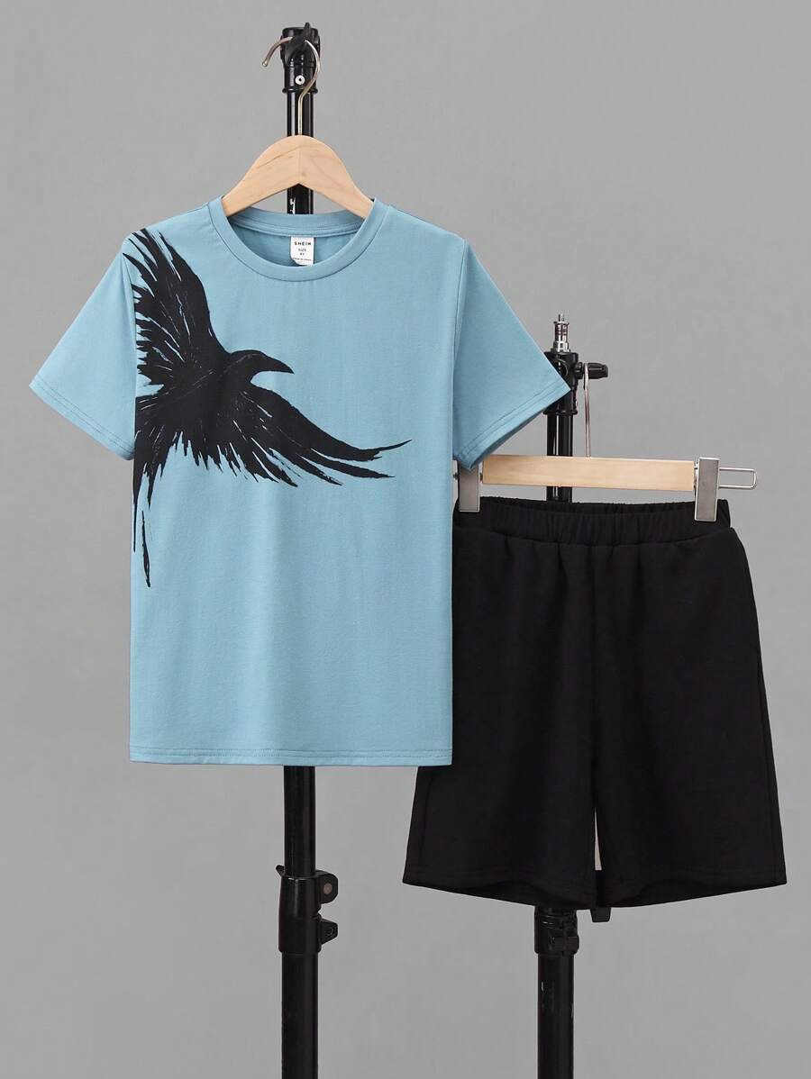 SHEIN 男孩老鷹印花T恤和短褲 - 藍色 - 查看 1