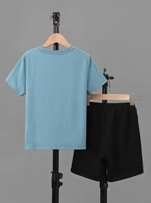 SHEIN 男孩老鷹印花T恤和短褲 - 藍色 - 查看 2