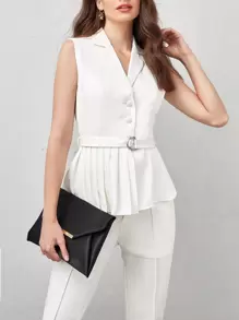 BizChic Lapel Neck Belted Vest Blazer Workwear - White - View 1