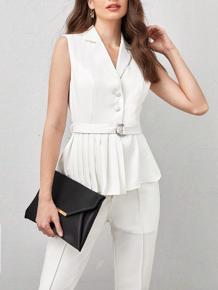 BizChic Lapel Neck Belted Vest Blazer Workwear - White - View 1