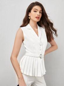 BizChic Lapel Neck Belted Vest Blazer Workwear - White - View 4