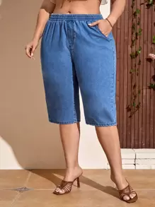 SHEIN Unity Quần Denim kích thước lớn Túi màu trơn - Rửa trung bình - Xem 4