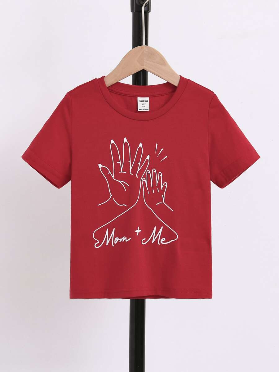 SHEIN 小男童字母人物圖案T恤 - 紅色 - 查看 1