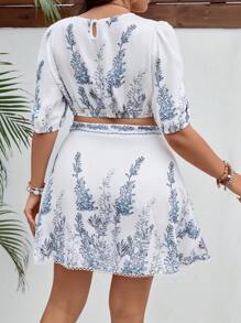 SHEIN VCAY Plus Plant Print Puff Sleeve Top & Skirt - White - View 2