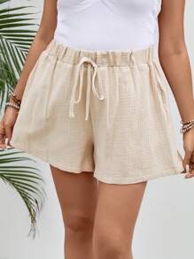 Dreamara Plus Tie Waist Wide Leg Shorts - Apricot - View 1