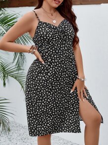 SHEIN VCAY Plus Ditsy Floral Print Split Thigh Cami Dress - Black - View 3