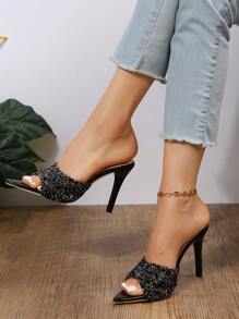 女士水鑽裝飾PVC細跟魅力四射涼鞋 - 黑色 - 查看 1