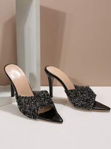 女士水鑽裝飾PVC細跟魅力四射涼鞋 - 黑色 - 查看 3