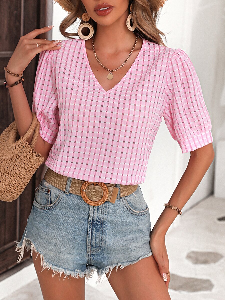 Breezaya Solid V Neck Puff Sleeve Blouse - Pink - View 1