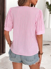 Breezaya Solid V Neck Puff Sleeve Blouse - Pink - View 2