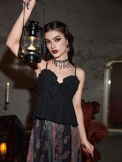 Goth Top péplum à fines brides unicolore à nœud à plis