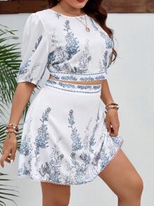 SHEIN VCAY Plus Plant Print Puff Sleeve Top & Skirt - White - View 5