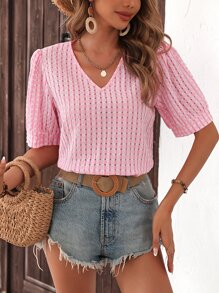 Breezaya Solid V Neck Puff Sleeve Blouse - Pink - View 6
