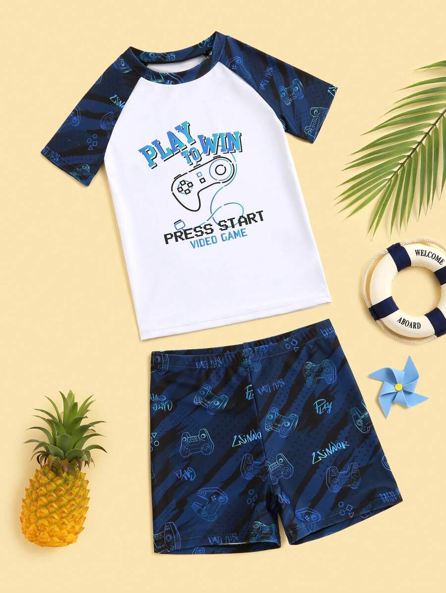 Boys Cartoon Graphic Beach Swimsuit - Blue and White - View 1