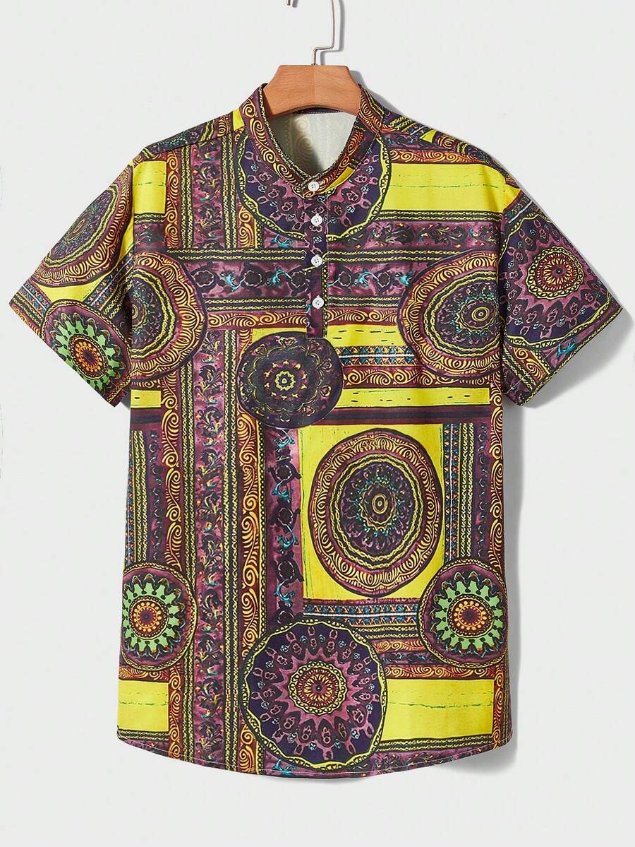 Manfinity Men Mandala Print Half Button Shirt - Multicolor - View 1