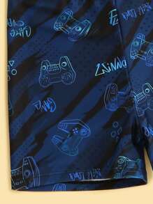 Boys Cartoon Graphic Beach Swimsuit - Blue and White - View 4