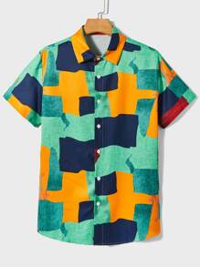 Manfinity Men Patchwork Print Button Up Shirt - Multicolor - View 1