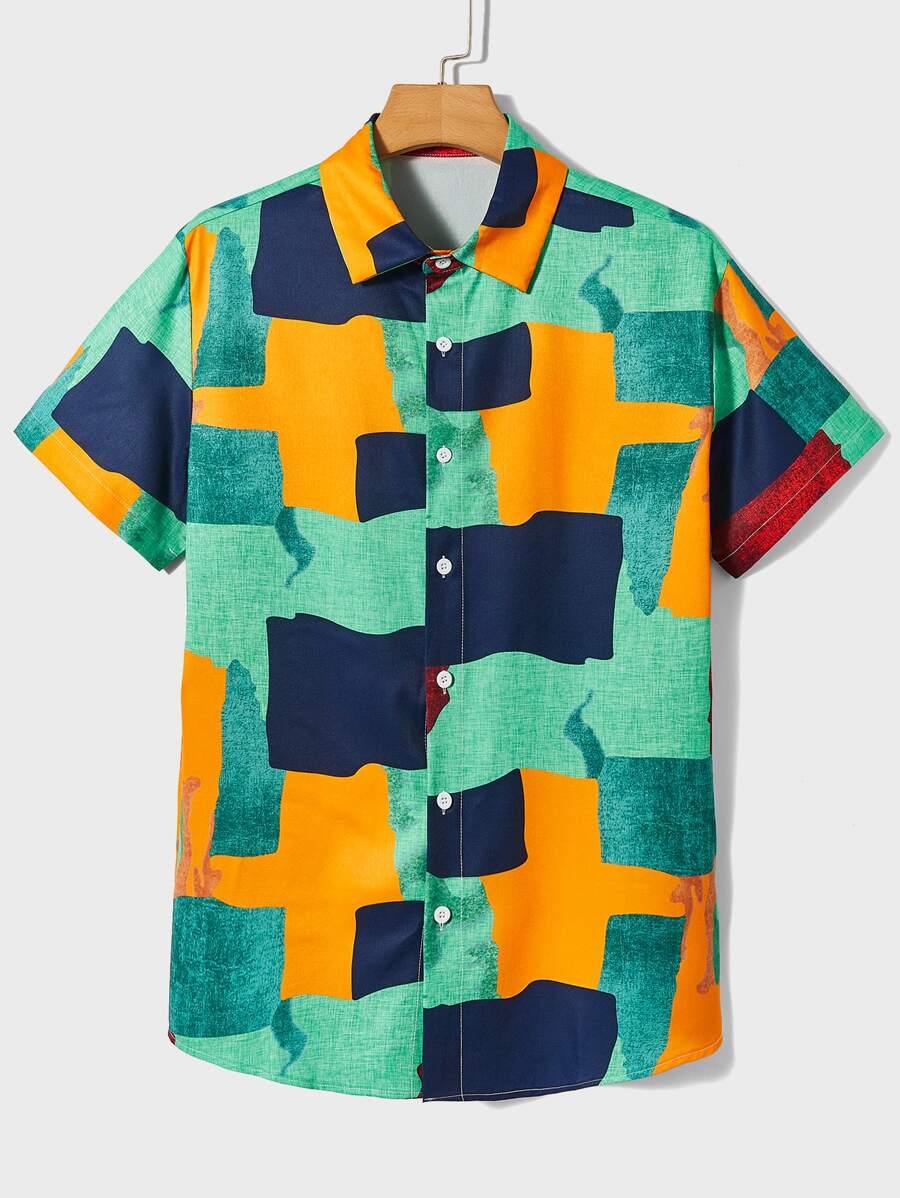 Manfinity Men Patchwork Print Button Up Shirt - Multicolor - View 1